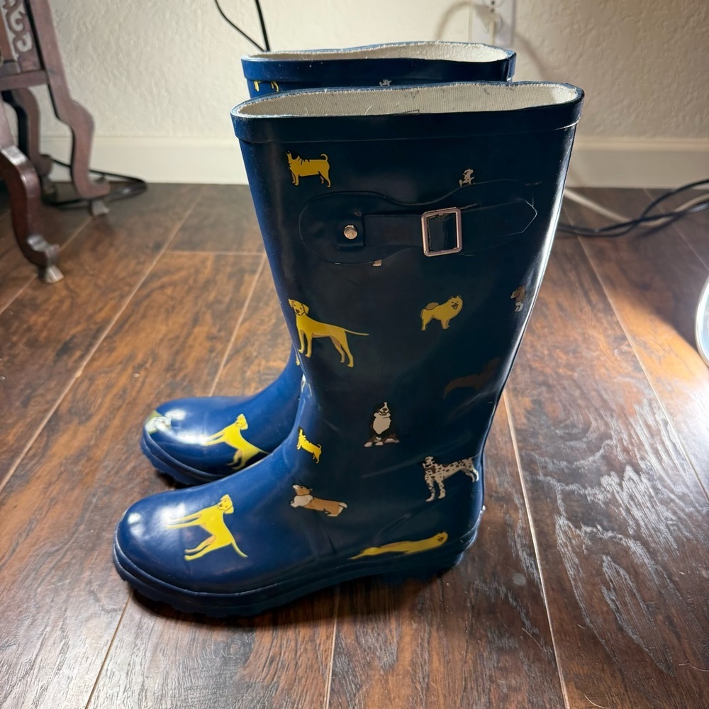 Norty Navy Blue Dog Print Rubber Rain Boots | US 11 EU 42 | Waterproof Wellies
